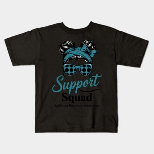 Support Squad Messy Bun Teal Ribbon Addiction Recovery Kids T-Shirt